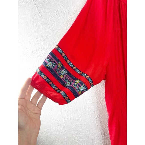 Pioneer Woman 3XL Red Rayon/Poly 40"L Dress Embroidered Puff Sleeve V-Neck EUC - Picture 3 of 10